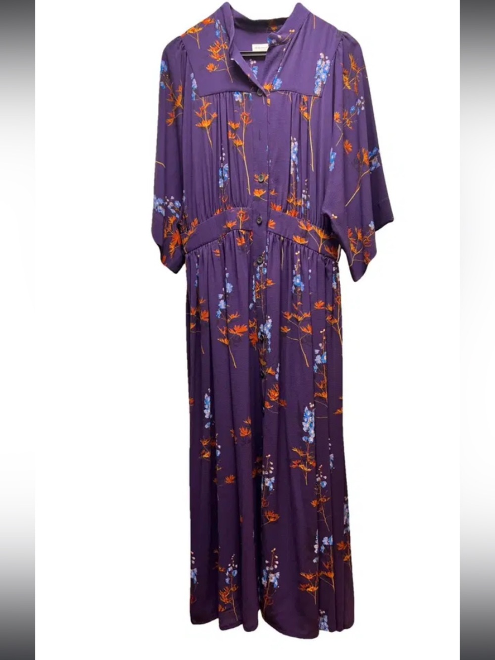 Dries Van Noten Purple Floral Maxi Dress with Orange & Light Blue Accents 36